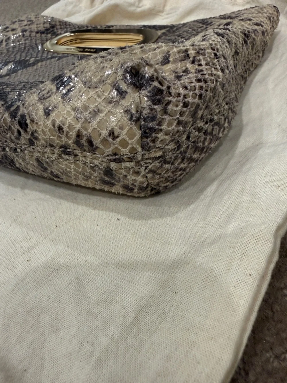 Michael Kors Beige and Black Snake-Print Clutch with Gold Hardware